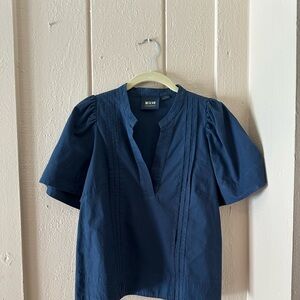GREAT! ANTHROPOLOGIE BLUE PIN TUCK SHORT SLEEVE POPOVER TOP BLOUSE! L